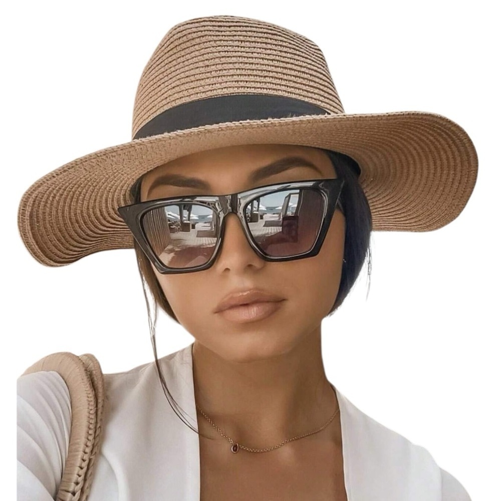 Straw Sun Hat Tan Fedora with Black Sash New with Tags One Size Adjustable Band - Picture 4 of 15